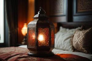 ai generato ornamentale Arabo lanterna con ardente candela raggiante a notte e luccicante d'oro bokeh luci. festivo saluto carta, invito per musulmano santo mese Ramadan kareem. buio sfondo foto