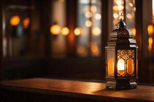 ai generato ornamentale Arabo lanterna con ardente candela raggiante a notte e luccicante d'oro bokeh luci. festivo saluto carta, invito per musulmano santo mese Ramadan kareem. buio sfondo foto