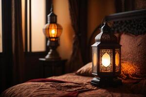 ai generato ornamentale Arabo lanterna con ardente candela raggiante a notte e luccicante d'oro bokeh luci. festivo saluto carta, invito per musulmano santo mese Ramadan kareem. buio sfondo foto