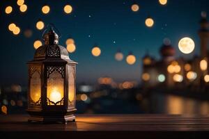 ai generato un' lanterna, dolcemente illuminato di un' candela, tradizionale Dogana osservato durante Ramadan kareem. sfondo bandiera con copia spazio. foto