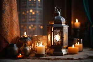 ai generato un' lanterna, dolcemente illuminato di un' candela, tradizionale Dogana osservato durante Ramadan kareem. sfondo bandiera con copia spazio. foto