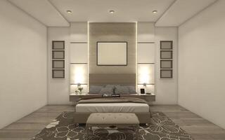 interno moderno Camera da letto utilizzando Regina dimensione letto e testata pannello decorazione 3d illustrazione foto