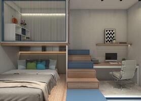 interno Camera da letto design con soppalco, scala scomparto e bambini' scrivania, 3d illustrazione foto