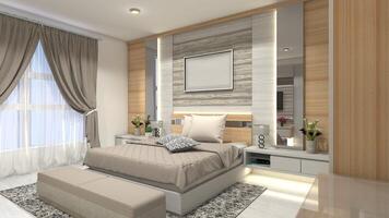 lusso maestro Camera da letto design con di legno arredamento 3d illustrazione foto