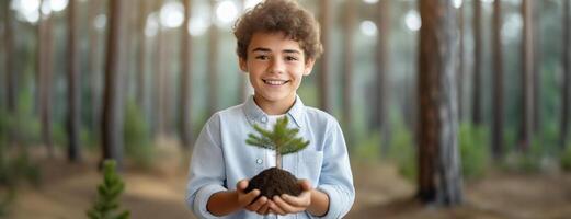 ai generato giovane ragazzo nel un' foresta nutrimento un' giovane pino albero nel un' focalizzazione morbida foresta, un' sorridente maschio accuratamente Tenere alberello con un' grumo di suolo, simboleggiante crescita e cura. foto