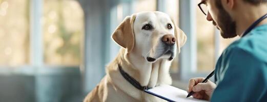 ai generato labrador sembra attentamente a un' veterinario. cane sguardi a medico, momento di fiducia e cura catturato nel un' clinica ambientazione, riflettendo il legame fra animali e umani. foto