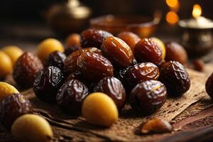 ai generato Ramadan concetto avvicinamento di date frutta con bellissimo naturale visto foto