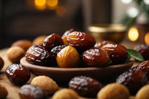 ai generato Ramadan concetto avvicinamento di date frutta con bellissimo naturale visto foto