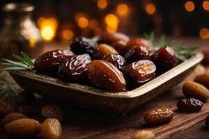 ai generato Ramadan concetto avvicinamento di date frutta con bellissimo naturale visto foto