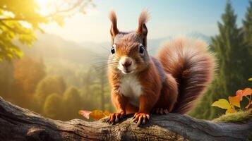 ai generato un' rosso scoiattolo è seduta su un' albero ramo foto