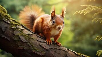 ai generato un' rosso scoiattolo è seduta su un' albero ramo foto