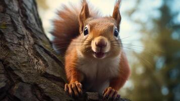 ai generato un' rosso scoiattolo è seduta su un' albero ramo foto