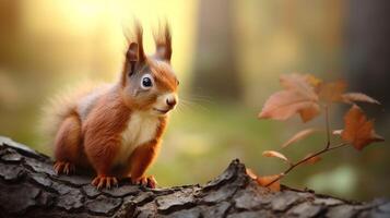 ai generato un' rosso scoiattolo è seduta su un' albero ramo foto