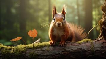 ai generato un' scoiattolo è seduta su un' albero ramo nel il foresta foto