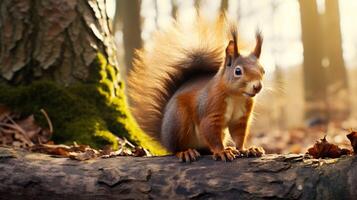 ai generato un' scoiattolo è seduta su un' albero ramo nel il foresta foto