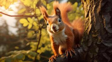 ai generato un' scoiattolo è seduta su un' albero ramo nel il foresta foto