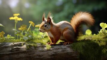 ai generato un' scoiattolo è seduta su un' albero ramo nel il foresta foto