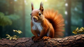 ai generato un' scoiattolo è seduta su un' albero ramo nel il foresta foto