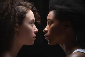 ai generato lato Visualizza di nero donna e bianca donna. creare ai foto