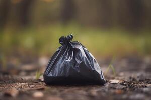 ai generato plastica cacca nero Borsa gettato all'aperto. creare ai foto