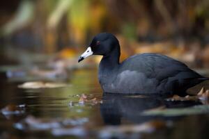 ai generato americano folaga nero uccello nel parco lago. creare ai foto