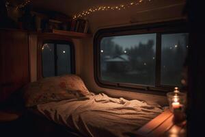 ai generato minuscolo camper accogliente Camera da letto interno notte. creare ai foto