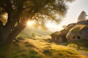 ai generato paesaggio grotta Alba natura. creare ai foto