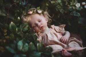 ai generato infantile ragazza bambino dolce addormentato nel verde natura. creare ai foto