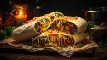 ai generato pieno di burritos con verdure e carne su un' di legno tavolo con sfocato sfondo, ai generato foto