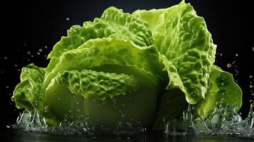 ai generato avvicinamento fresco verde lattuga schizzato con acqua su un' sfocato nero sfondo foto