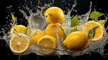 ai generato avvicinamento fresco giallo Limone schizzato con acqua su nero e sfocato sfondo foto