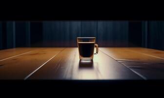 ai generato un' tazza di caffè su un' meravigliosamente artigianale di legno tavolo. un' tazza di caffè seduta su superiore di un' di legno tavolo foto