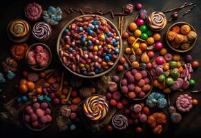 ai generato colorato caramelle e cioccolatini. un' tavolo sormontato con molte di diverso tipi di caramelle foto