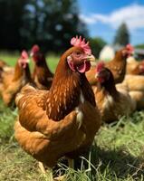 ai generato il pascolo è pieno di molti polli. un' gruppo di polli in piedi su superiore di un' erba coperto campo foto