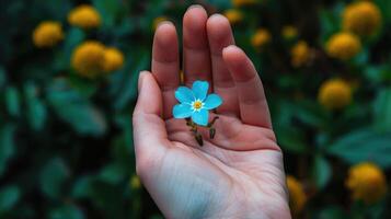 ai generato mano teneramente Tenere un' delicato piccolo blu fiore, ai generato foto