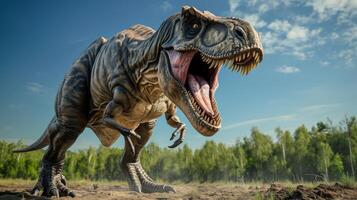 ai generato arrabbiato tirannosauro rex ruggisce nel preistorico pianura, suo potente presenza dominante il paesaggio, ai generato. foto