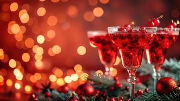 ai generato bicchieri di cocktail ornato con Natale arredamento su bokeh luci sfondo, ai generato. foto