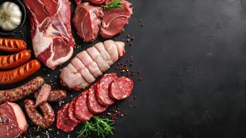 ai generato assortimento di fresco crudo carne e salsicce, elegantemente presentata su un' nero sfondo, ai generato. foto