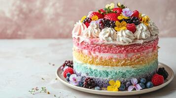 ai generato diletto nel il colorato spettacolo di un' arcobaleno torta, suo strati ornato con soffice frustato crema, un' dolce capolavoro, ai generato. foto