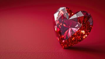 ai generato rubino rosso diamante cuore scintillante contro un' vivido rosso sfondo, ai generato foto