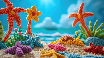ai generato uncinetto spiaggia giocattolo, vivace sfondo, fatto a mano e adorabile, ai generato foto