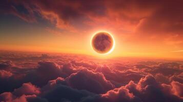 ai generato testimone un' solare eclisse emergente nel il cielo sopra un' coperta di nuvole, ai generato foto