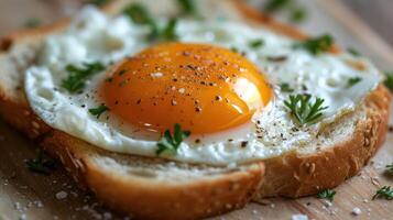 ai generato avvicinamento di un' fritte uovo in cima fresco pane, un' semplice e soddisfacente pasto, ai generato foto