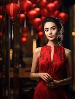 ai generato Cinese donna nel tradizionale abbigliamento, sua viso riecheggiando culturale profondità, ai generato foto