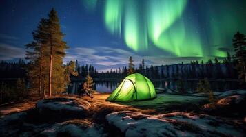 ai generato sotto un' notte cielo, il polare luci creare un maestoso Visualizza, nazionale geografico foto, ai generato. foto