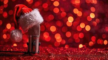 ai generato Santa Claus cappello su un' microfono, impostato contro un' brillante rosso celebrazione sfondo, ai generato. foto