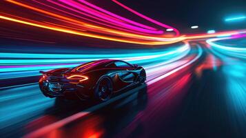 ai generato testimone un' alta velocità gli sport auto da corsa su un' illuminato al neon autostrada, ai generato. foto