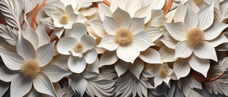 ai generato un' luminosa e bianca astratto floreale 3d piastrelle parete struttura sfondo con fiori e foglie, ai generato. foto