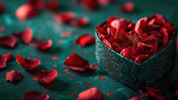 ai generato cuore sagomato scatola con i regali e rosso rosa petali su verde sfondo, ai generato foto