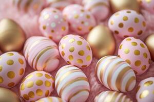 ai generato rosa e oro Pasqua uova, a strisce e a pois, creare un' festivo mucchio, ai generato foto